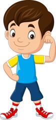 Fototapeta premium Cartoon happy boy with showing muscle