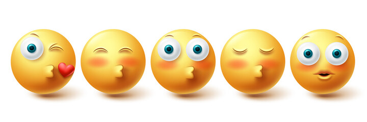 Smiley kissing face vector set. Smileys emoticon blushing and in love icon collection isolated in white background for design elements. Vector illustration