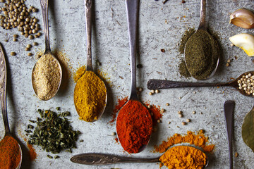 Top view of various spices in metal spoons with gray marble background.