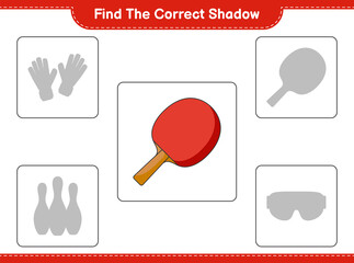 Find the correct shadow. Find and match the correct shadow of Ping Pong Racket. Educational children game, printable worksheet, vector illustration