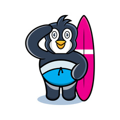 cartoon animal cute penguin holding a surfboard
