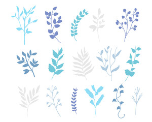 Fototapeta premium 手書きタッチの草木。夏カラーの草木セットイラスト。 Plants with a handwritten touch. Summer color vegetation set illustration.