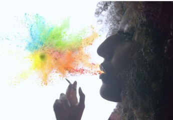 Fototapeta premium young curly hair woman smoking at night drug reference