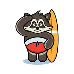 cartoon animal cute racoon holding a surfboard