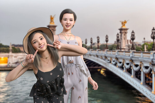 大きな橋の前で記念写真を撮るオールインワン風の服を着た笑顔の2人の女の子