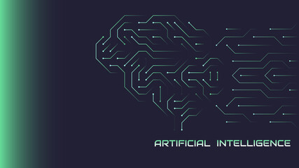 Vector illustration of a brain in the form of a computer microcircuit. Concept, artificial intelligence, high technologies of the future. Design template for web banner and social media. Copy space