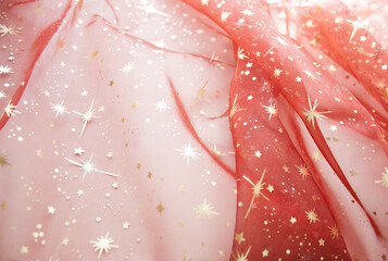 Red organza background with stars on it - obrazy, fototapety, plakaty
