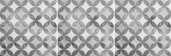 Panorama of Vintage antique black and white ceramic tile pattern texture and seamless background