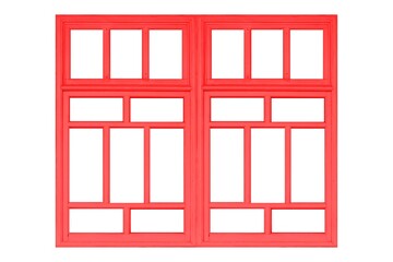 Red wooden window frames with glass windows, Chinese style isolated on a white background