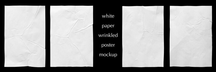 White paper wrinkled poster template , blank glued creased paper sheet mock-up.white poster mock up on black background.