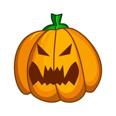 Vector illustration with a smiling pumpkin. Vampire pumpkin. Pumpkin monster. Pattern for Halloween. Template for cards, paper, wallpaper, textile and other uses. A pumpkin with an evil face.