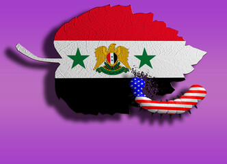 The symbol of the sanction. A leaf worm with the texture of the US flag eats leaves with the texture of the Syrian flag. 3d rendering.