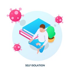 Self-isolation concept. Man in lotus position sits at home to protect himself from the virus. Isometric vector illustration on white background.