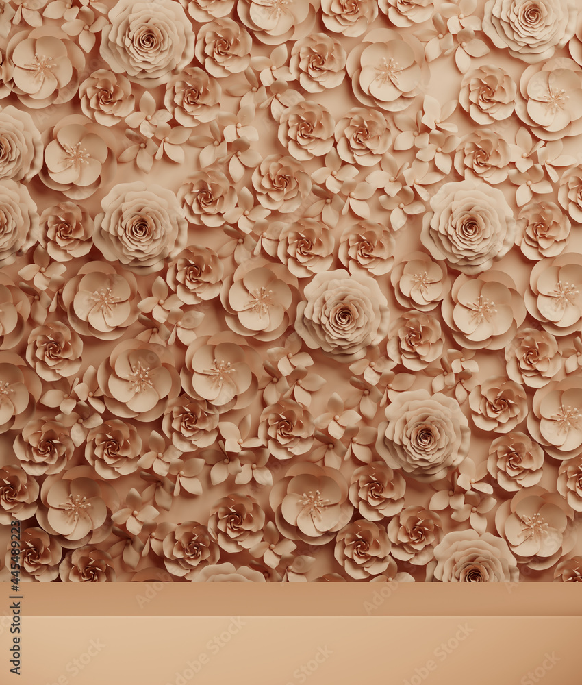 Aufkleber summer mockup background for product presentation. paper flower and podium on beige background. 3d r