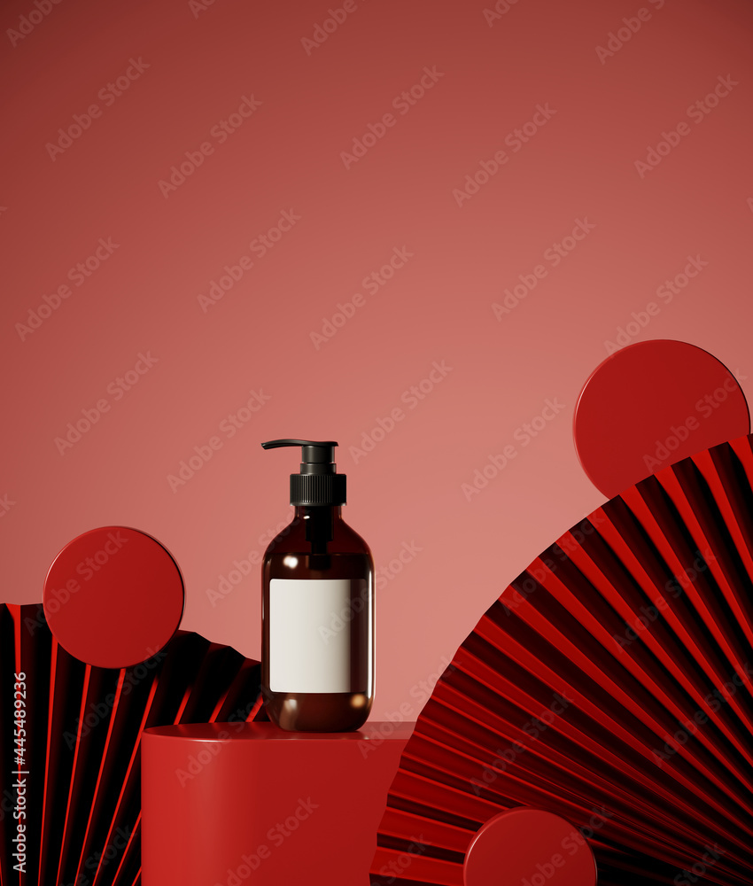 Poster minimal product background for chinese new year concept. red podium on red paper fan background. 3d 