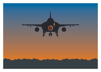 Single tail fighter jet plane flying over the airport in rear view.