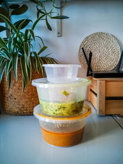 Malaysian traditional food, masak lemak pucuk paku and meat curry in containers. - obrazy, fototapety, plakaty