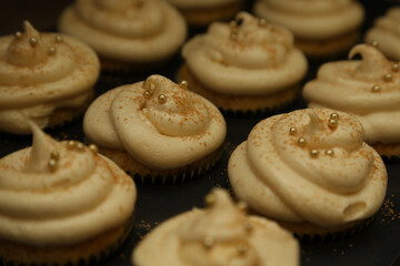 Closeup shot of cupcakes with frosting and sprinkles in a pan