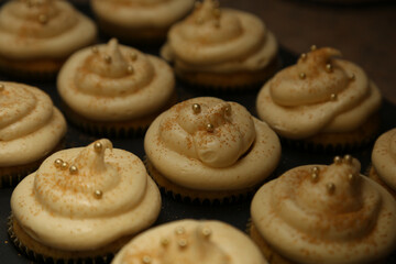 Closeup shot of cupcakes with frosting and sprinkles in a pan