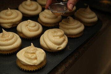 Closeup shot of cupcakes with frosting in a pan