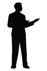 Presenting businessman with tablet in hand silhouette vector on white background
