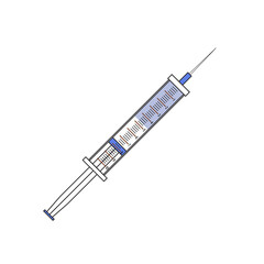 Fototapeta premium Medical plastic syringe with needle. Disposable syringe with medicinal solution for injection. Design for vaccination, treatment, medical use. Vaccine, shot, flu. Isolated flat vector illustration
