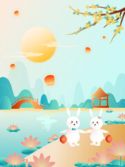 Obraz na płótnie Canvas China chic illustration of Mid-Autumn Festival. Two bunnies admire the moon by the lotus pond.