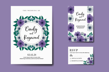 Fototapeta na wymiar Wedding invitation frame set, floral watercolor Digital hand drawn Purple Anemone Flower design Invitation Card Template