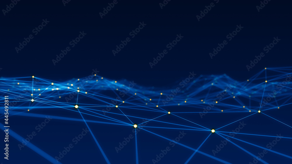 Poster orange dot and line connection with polygonal technology abstract background