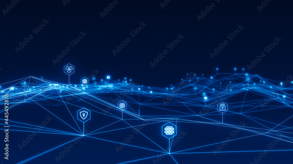 Poster blue futuristic security icon and line linked network connection technology abstract background conc
