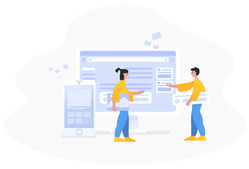 Web, mobile app creation, web studio. Two people work on website mockup. Modern vector illustration