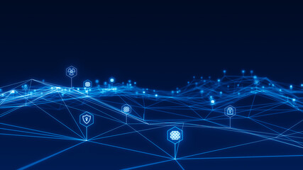 Blue futuristic security icon and line linked network connection technology abstract background concept