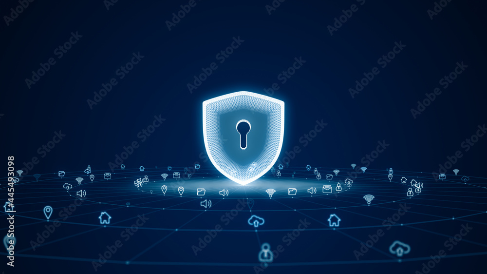 Aufkleber blue digital 3d shield logo with futuristic technology icon and line connection with circle on abstr