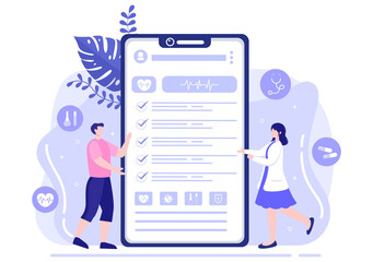 Medical Health Check up Background Landing Page Illustration. The Doctor Holds A Form Containing Patient Health List For Making Banner and Other