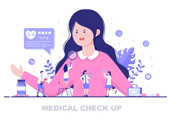 Medical Health Check up Background Landing Page Illustration. Doctor Taking Care of Patient Measuring Blood Pressure Or Heart For Making Banner and Other
