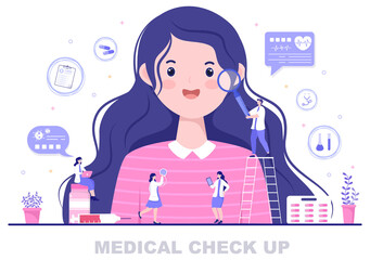 Medical Health Check up Background Landing Page Illustration. Doctor Taking Care of Patient Measuring Blood Pressure Or Heart For Making Banner and Other