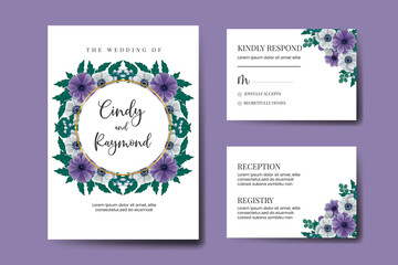 Fototapeta na wymiar Wedding invitation frame set, floral watercolor Digital hand drawn Purple Anemone Flower design Invitation Card Template