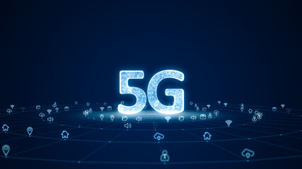 Blue digital 3D 5G logo with futuristic technology icon and line connection with circle on abstract background concept