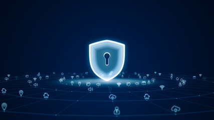 Blue digital 3D shield logo with futuristic technology icon and line connection with circle on abstract background concept