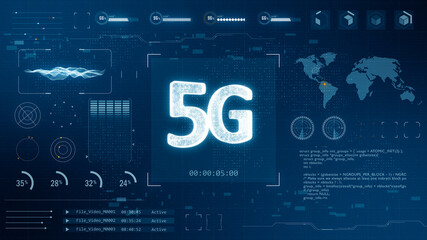 Blue digital 3D 5G logo with head up display ( HUD ) background and futuristic technology abstract background
