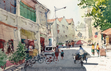 street in the city watercolor