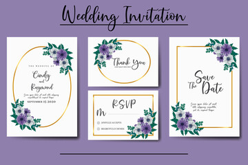Wedding invitation frame set, floral watercolor Digital hand drawn Purple Anemone Flower design Invitation Card Template