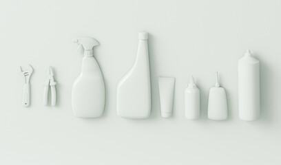 Minimal composition for repair and construction concept and plastic bottles. Set of tools, single color workshop and DIY tool, 3d rendering