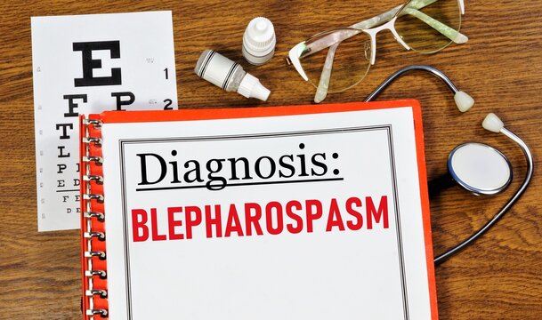 Blepharospasm. The inscription of the diagnosis in the ophthalmologist's medical folder, against the background of glasses, a vision check table, a stethoscope and medications.