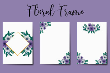 Wedding invitation frame set, floral watercolor Digital hand drawn Purple Anemone Flower design Invitation Card Template