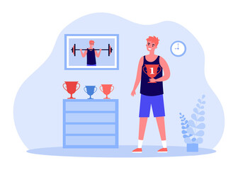 Young athlete holding golden cup and looking at trophies. Picture of boy lifting barbell on wall flat vector illustration. Achievement, sports concept for banner, website design or landing web page