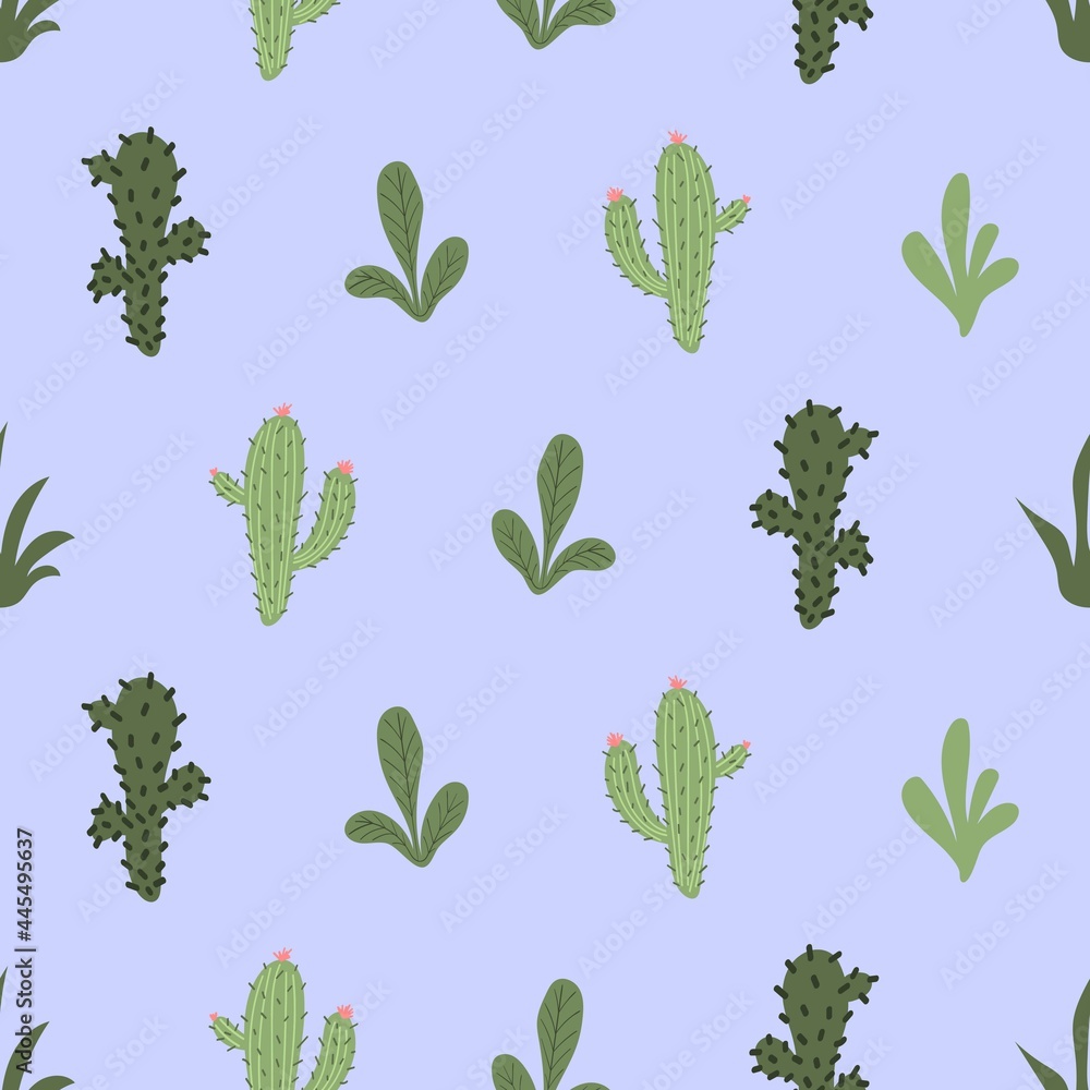 Wall mural Cute hand drawn cartoon palms and cacti. Seamless pattern. Print for printing on fabric, wallpaper, paper, packaging.