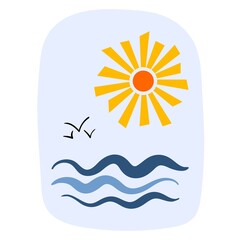 Cute hand drawn cartoon palm trees waves and sun. Flat vector illustration in doodle style. Drawing for print T shirts, design element.