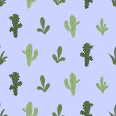 Cute hand drawn cartoon palms and cacti. Seamless pattern. Print for printing on fabric, wallpaper, paper, packaging.