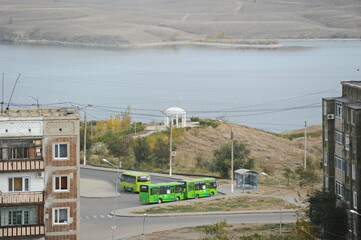 Zhezkazgan, Kazakhtan - 10.10.2016 : Residential buildings, commercial buildings and courtyards...